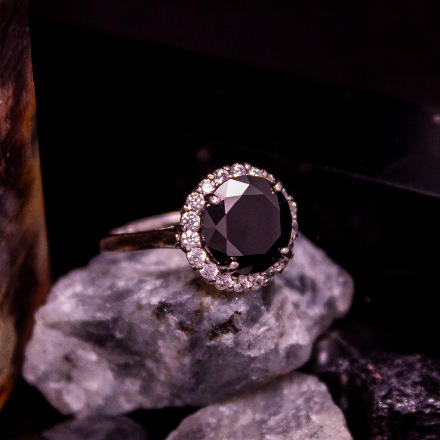 A0790BK- Large round black cubic stone ring with halo