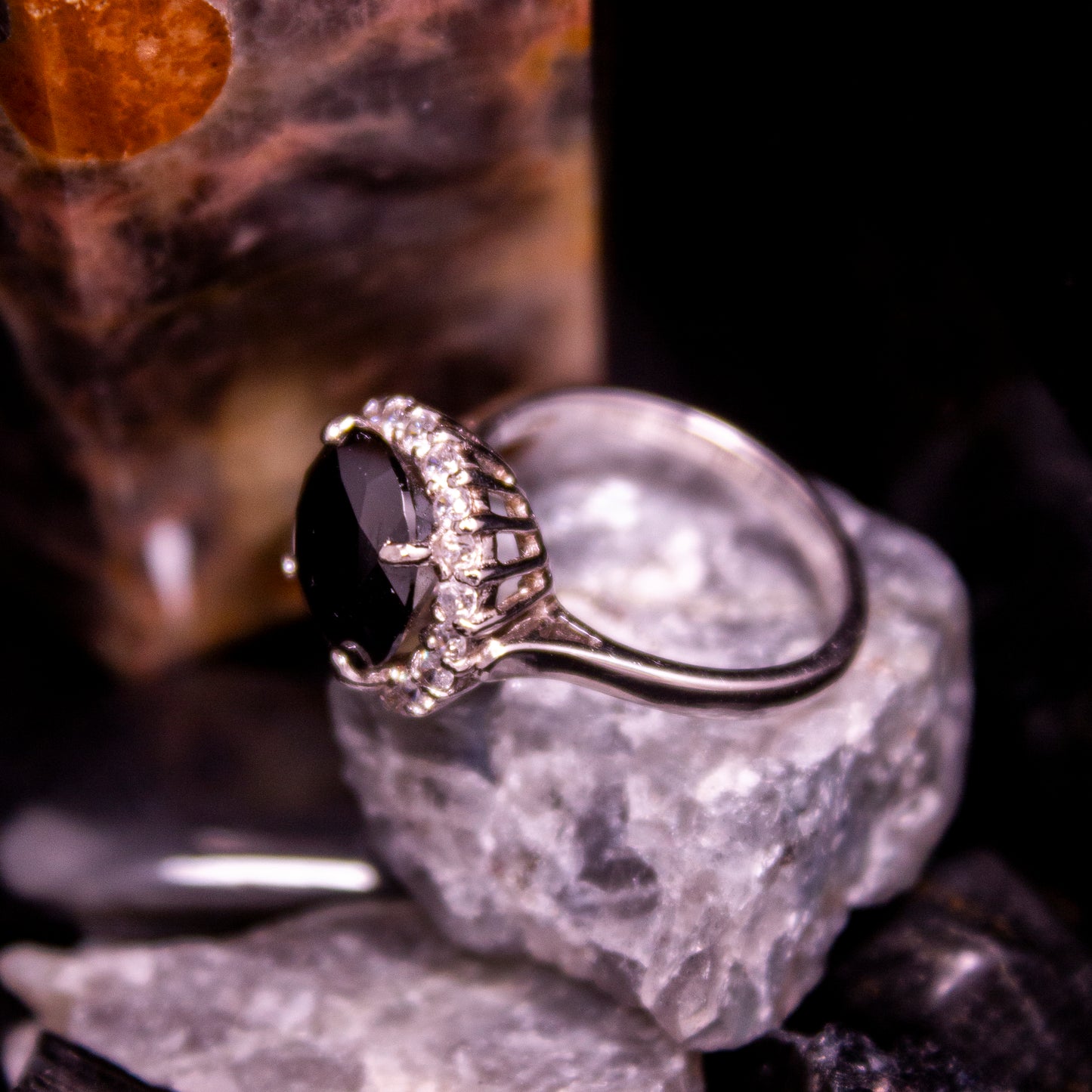 A0790BK- Large round black cubic stone ring with halo