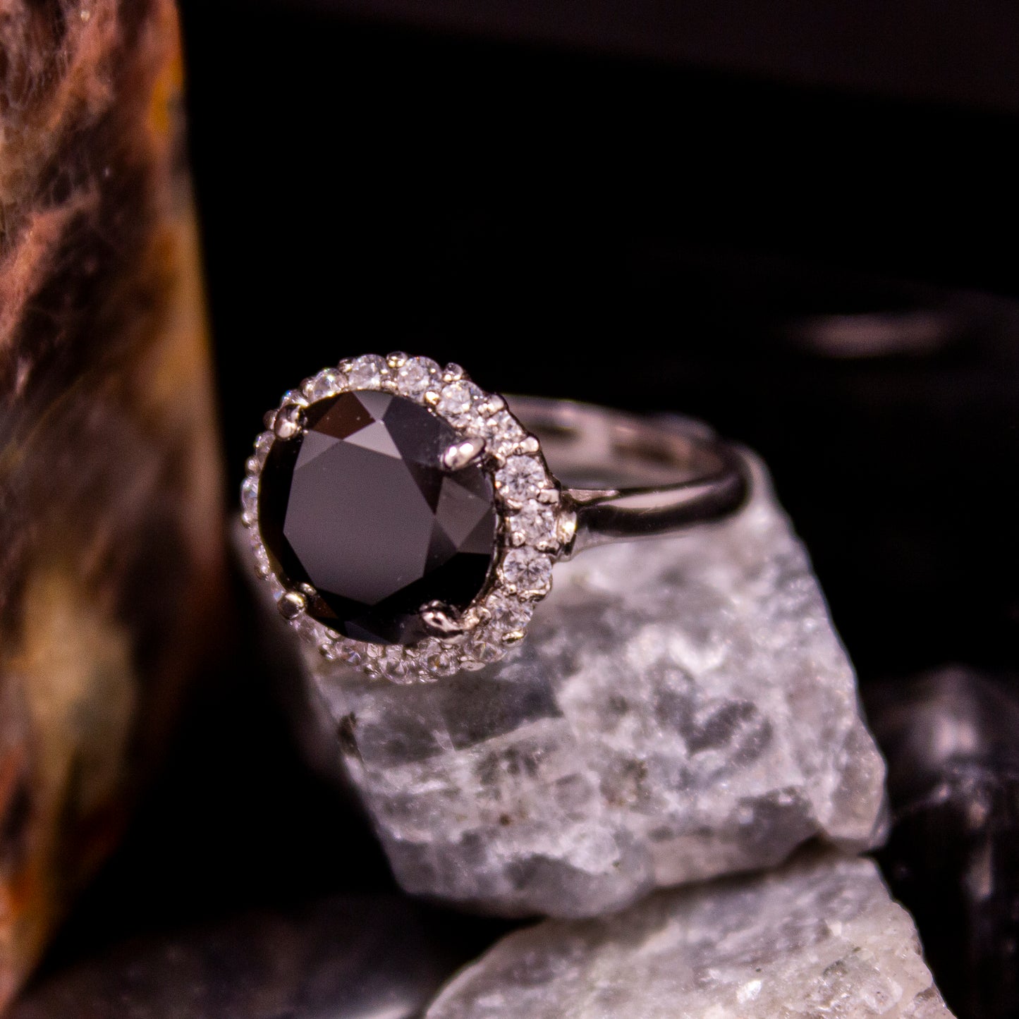 A0790BK- Large round black cubic stone ring with halo