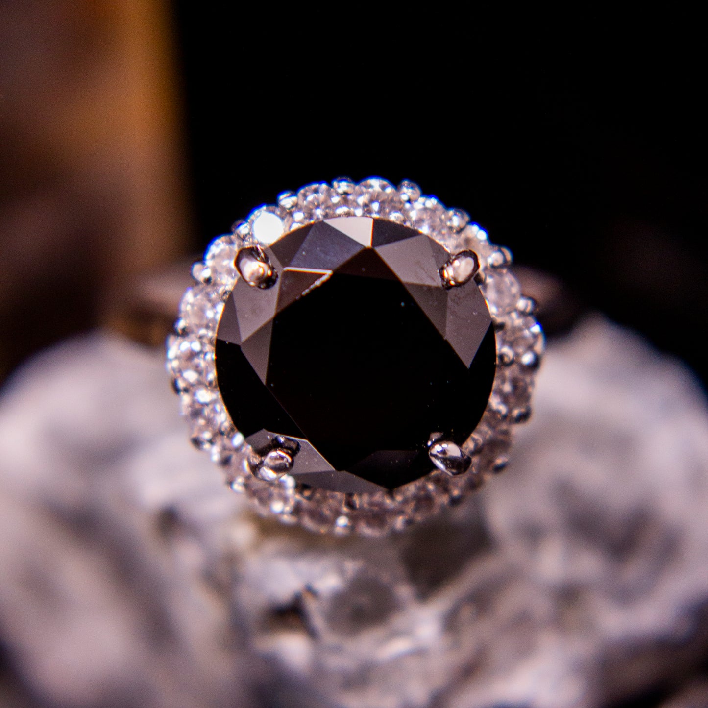 A0790BK- Large round black cubic stone ring with halo