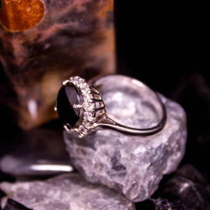 A0790BK- Large round black cubic stone ring with halo